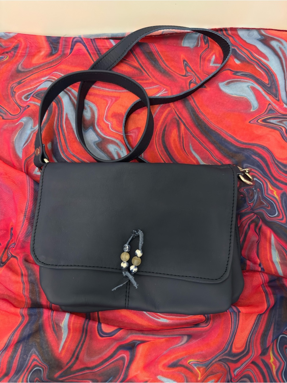 Vintage Navy Blue Leather Stone Beaded Toggle Crossbody Flap Bag